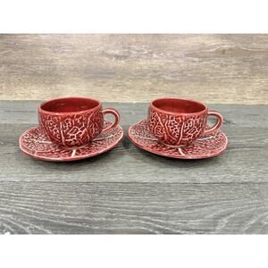 1950s Secla Majolica Portugal Secla Deep Red Cabbage Leaf Cup & Saucer Set Of 2